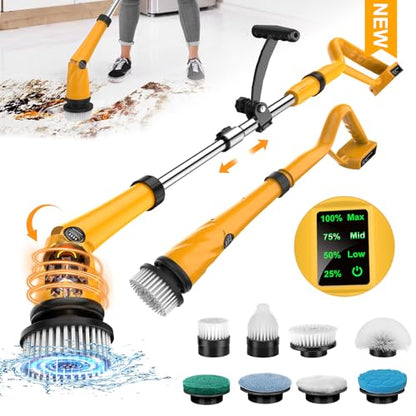 1500 RPM Electric Spin Scrubber for DeWalt 20V Battery, Power Shower Scrubber for Bathroom/Floor/Bathtub/Toilet/Tile,Electric Cleaning Brush with Long Handle & 8 Replaceable Brush (Yellow)