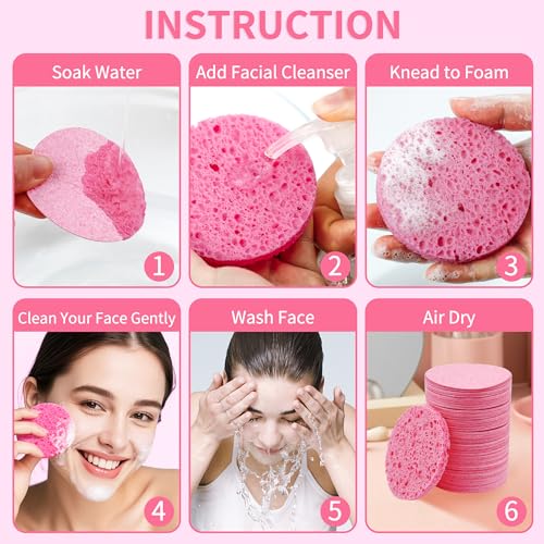 100-Count Compressed Facial Sponges, Natural Cellulose Face Sponges for Cleansing, Exfoliating, Washing face, Makeup Removal, and Spa Use - Travel Skincare Essentials for women - color: Pink