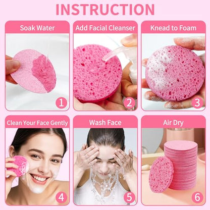100-Count Compressed Facial Sponges, Natural Cellulose Face Sponges for Cleansing, Exfoliating, Washing face, Makeup Removal, and Spa Use - Travel Skincare Essentials for women - color: Pink