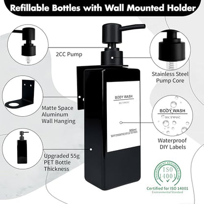 Shampoo Dispenser for Shower Wall, Shampoo and Conditioner Dispenser with 16 Waterproof Labels, No Drill Shower Soap Dispenser Bathroom, Shower Soap Dispenser Wall Mounted 3 Chamber, 17oz,Black - color: Black Bottle + Black Pump