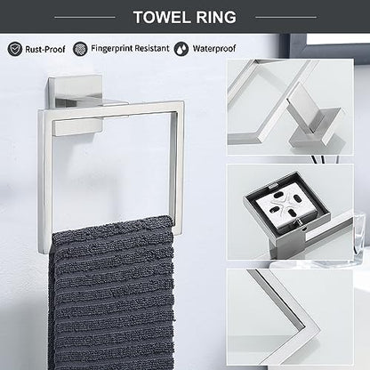 TQKAG 6-Piece Bathroom Towel Bar Sets Brushed Nickel 23.6 inch Towel Bar Stainless Steel Towel Ring Coat Hook and Toilet Paper Holder Bathroom Hardware Set Wall Mounted Bathroom Accessories Kit - color: Brushed Nickel, size: 6-Pieces Set-A