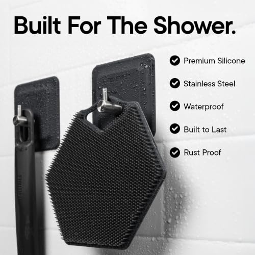 TOOLETRIES Arnold Silicone Shower Hook, Adhesive Hooks for Inside Shower, Waterproof Bathroom Organizer for Scrubbers, Loofahs, Towels & Bathroom Accessories, Removable & Reusable - Charcoal