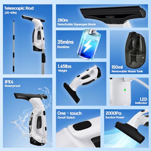 Window Vacuum Squeegee Cordless with Extension Pole 31-40", 2000Pa Window Cleaner Tool with 2200mAh & 150ml Dirty Water Tank, Reusable Cleaning Cloth Head, for Shower Door, High Window &Car Windshield