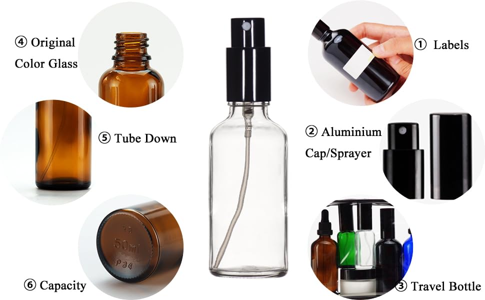 YIZHAO Clear Glass Spray Bottles 2oz, with Small Fine Mist Spray, Metal Cap, Refillable for Essential Oil,Travel,Cleaning,Perfume,Aromatherapy,Makeup – 6 Pcs - color: Transparent, size: 50ml-6