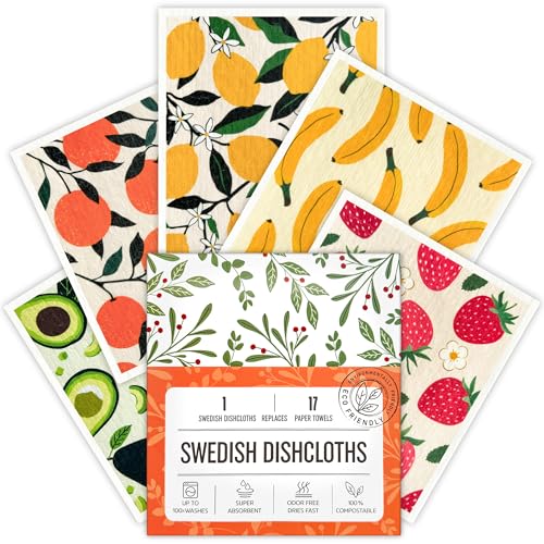 Swedish Dishcloths for Kitchen, Swedish Dish Cloths 5 Pack, Super Absorbent Reusable Paper Towels Washable, Biodegradable, Quick Drying, Dishwasher Safe - color: 5 Count- Fruits