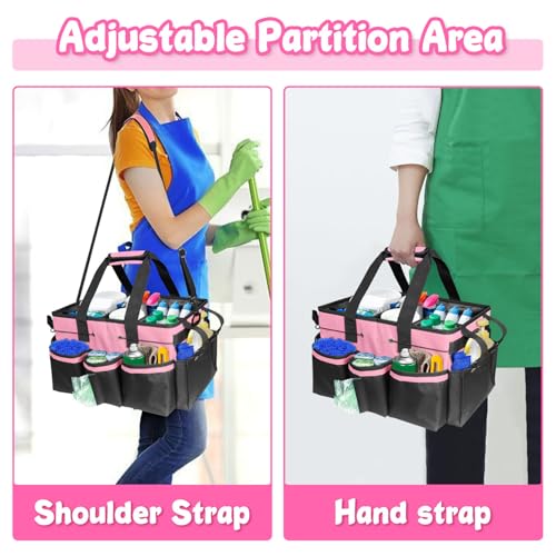 Grekos Large Cleaning Caddy Bags, Cleaning Caddy Suppliers Organizer with 4 Detachable Divider, Supply Caddy With Adjustable Shoulder Strap & Waist Belt For Housekeepers, Home, Car(Pink) - color: Pink