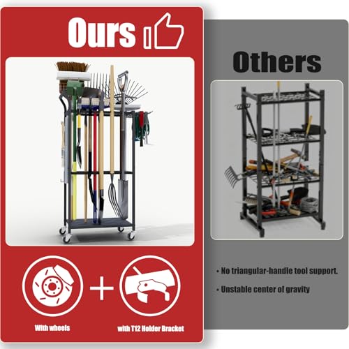 Faesun Garden Tool Organizer with Wheels, Heavy Duty Rolling Yard Tool Rack with 14 Hooks & 5 Slots, 3-Tier Metal Cart Holds 50+ Rakes/Shovels/Brooms, Mobile Lawn Storage for Garage Shed Outdoor - size: Stand-Wheels