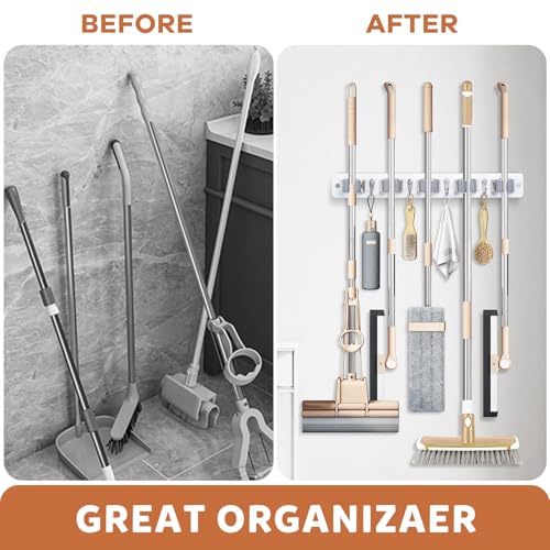 IMILLET Broom Holder Wall Mount, Wood Broom Holder with 5 Racks and 4 Hooks Broom Organizer, Laundry Room Organization and Storage, Mop Hanger for Home Organization, Garden, Garage, Closet (White) - style: Rustic