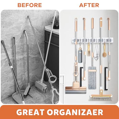 IMILLET Broom Holder Wall Mount, Wood Broom Holder with 5 Racks and 4 Hooks Broom Organizer, Laundry Room Organization and Storage, Mop Hanger for Home Organization, Garden, Garage, Closet (White) - style: Rustic