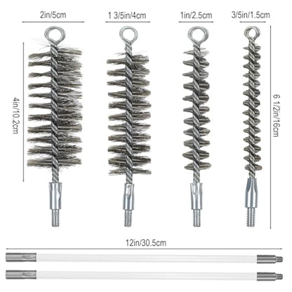 50in Pipe Cleaning Brush Set with Stainless Steel Bristles, Wire Brushs with 4pcs Galvanized Rod, Stainless Steel Pipe Brushs 4pcs for Auto Parts,Bottles,Tubes (3/5,1,1 3/5,2 in Brush Heads