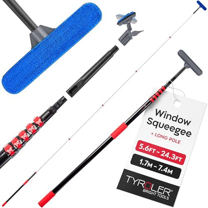 Tyroler Professional Window Squeegee with Extension Pole | Squeegee for Windows Cleaning | Outdoor Window Cleaner Tool, Windows Washing Kit with Extension Pole | Window Cleaning Kit (24.3 feet) - size: 24.3 feet