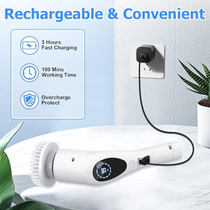 Electric Spin Scrubber, Cordless 3 Speeds Cleaning Brush 430 RPM, Adjustable/Detachable Long Handle, Shower Scrubber for Bathroom, Car, Floor, Shower Cleaning Brush with 9 Replaceable Brushes (White)