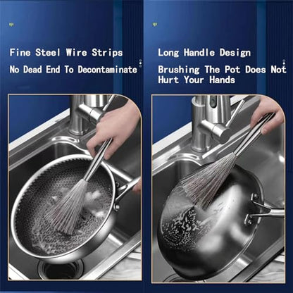 2Pcs Pots and Pans Clening Brush, Stainless Steel Scrubber Brush for Cookware Long-Handled Sink Cleaner Brush-2Hooks