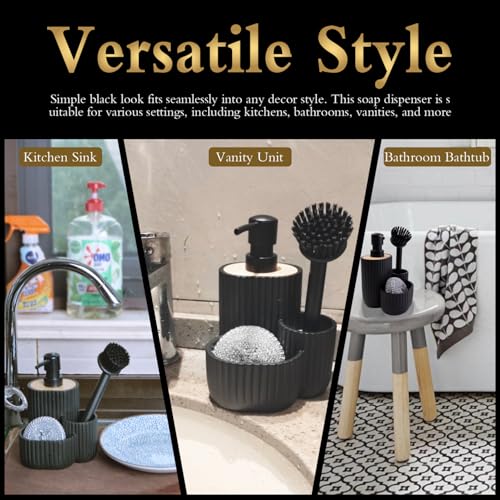 Multifunctional Soap Dispenser, Sponge Holder & Brush Holder – Scrub Daddy Soap Dispenser, 3 in 1 Liquid Hand Dish Soap Dispenser Sink Caddy Organizer for Kitchen Bathroom Countertop black