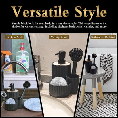 Multifunctional Soap Dispenser, Sponge Holder & Brush Holder – Scrub Daddy Soap Dispenser, 3 in 1 Liquid Hand Dish Soap Dispenser Sink Caddy Organizer for Kitchen Bathroom Countertop black