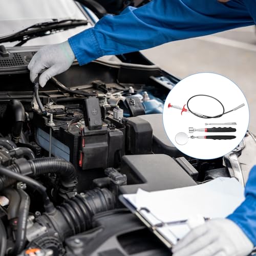 HARFINGTON Flexible Grabber Claw Pick Up Tool Set 0.47" Dia. 63" Bendable Spring Telescoping Inspection Mirror Magnet Rod 4 Claws Stainless Steel Cleaning Hook for Auto Repair Home Sink Drain