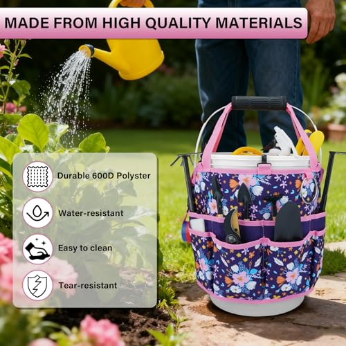 KUNN 5 Gallon Bucket Tool Organizer 18-Pocket Heavy-Duty Bucket Caddy with Hangable Handle & Comfort Grip Pad | Gardening Tool Bag, Garden Organizer Storage Bag Accessory for Gardeners, Purple - style: Purple Floral