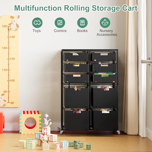 EasyPAG Rolling Storage Cart With 10 Drawers, Metal Craft Organizers And Storage Cart With Wood Tabletop, 30 Lbs Capacity Per Drawer For Home Office Classroom And Dorm, Black - size: 10 Drawers