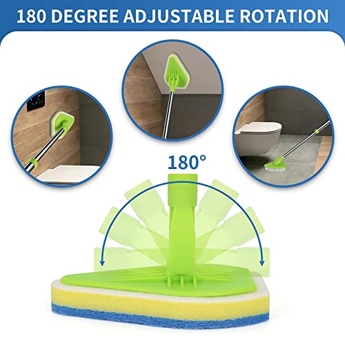 2 in 1 Scrub Cleaning Brush with 37” Long Extendable Handle,1 Stiff Bristle and 3 Sponge Brushes, Lightweigh Detachable Shower Scrubber for Cleaning Bathroom Shower Bathtub Glass Tile Floor