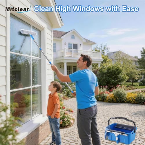 Mitclear Professional Window Cleaning Kit with Bucket 3 Gallon, 14" Window Squeegee Microfiber Scrubber with 77" Long Handle, Window Washing Equipment Cleaner Tools for Home Outdoor Car Commercial Use - style: Window Cleaning Kit with Poles