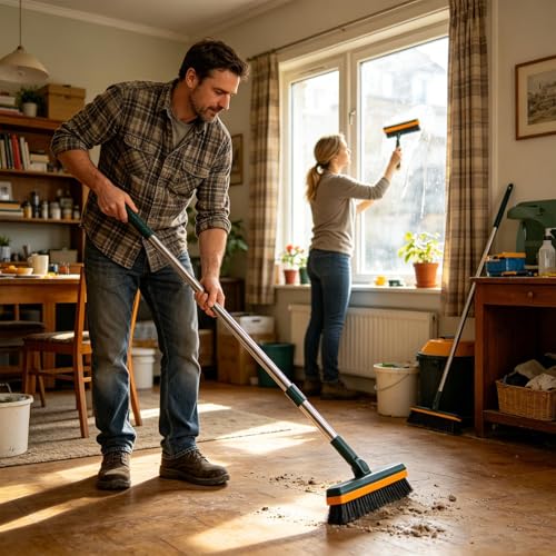 Floor Scrub Brush with Long Handle 43.7 Inch V Shape Rotating Head Floor Brush with Scraper, Stiff Bristle Non Slip Broom for Bathroom Kitchen Shower Grout Tile Outdoor Deck Patio