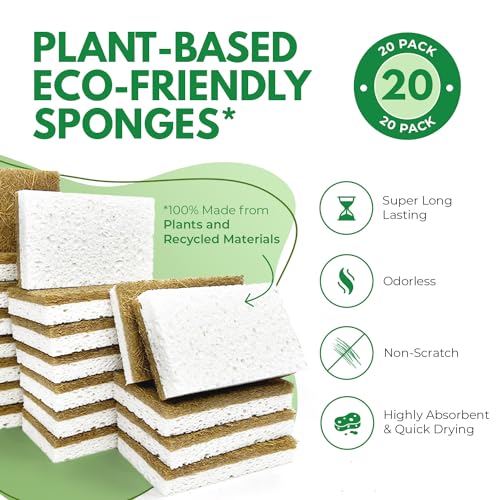 AIRNEX Natural Kitchen Sponges Pack of 20 - Biodegradable Cellulose and Coconut Husk Walnut Scrubbers - Odor Free Non Scratch - Eco Friendly Quick Drying Dishwashing Sponges - size: 20 Pack
