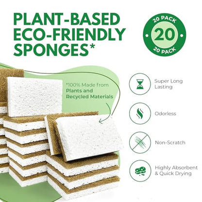 AIRNEX Natural Kitchen Sponges Pack of 20 - Biodegradable Cellulose and Coconut Husk Walnut Scrubbers - Odor Free Non Scratch - Eco Friendly Quick Drying Dishwashing Sponges - size: 20 Pack