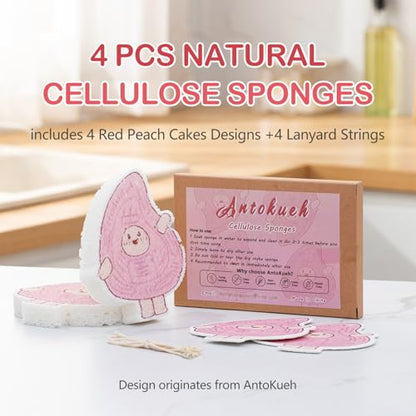 4-Pack AntoKueh Cellulose Compressed Sponges - Cute Cartoon Shapes, Natural Kitchen Sponges for Cleaning, Eco-Friendly&Reusable, Odor-Free