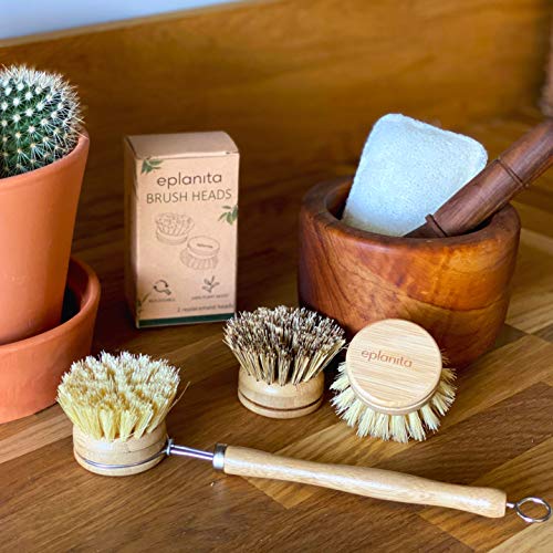 eplanita Replacement Brush Heads (Pack of 4) for Bamboo Dish Brush, Sisal Bristle Refills, Agave Cactus Fibres, Kitchen Eco Scrubber, Plastic Free Washing Up, Zero Waste Cleaning - size: Pack of 4