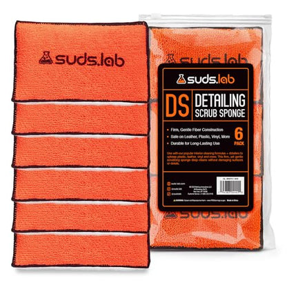 Suds Lab DS Detailing Scrub Sponge – Microfiber Scrub Pad for Car Detailing, Two Textures for Polishing & Scrubbing, Durable & Absorbent, Multi-Surface Use, Washable & Reusable – 6 Pack, Orange - size: Set of 6