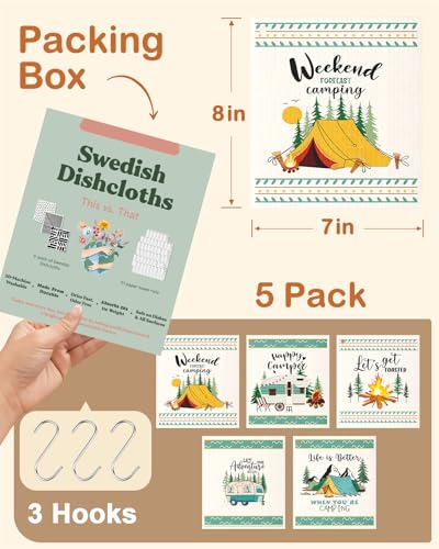 Miss Adola Swedish Dishcloths for Kitchen with Hooks - Reusable Dish Cloths for Washing Dishes Fast Drying Cute Fun 5 Pack Swedish Dish Towels Washable Cleaning Sponge, Green Camping - color: Green Camping