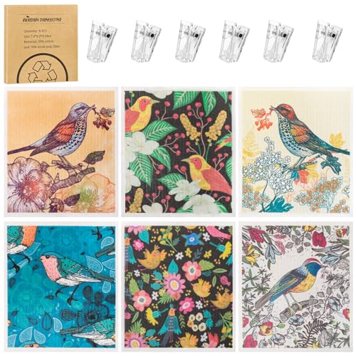 Needbrock 6 Pack Swedish Dishcloths for Kitchen, Swedish Rags Absorbent Retro Bird Dish Cloths Dish Towels with Adhesive Clips, Reusable Paper Towels No Odor for Countertop Dishes Kitchen - color: Retro Bird Patterns