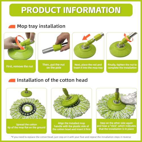 Spin Mop Replacement Handle 360 Degree Spin Mop Pole Handle Replacement Rotating Telescopic Stick for Mop Head, Ideal for Home and Household Cleaning - color: Green, style: Stainless Steel Disc