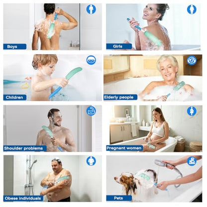 Back Scrubber for Shower，Mesh Sponge Body Shower Brush with Long Handle for Use in Shower Back Scrubber,Back Scrub for Exfoliating Body Scrubber (Blue and Green) - size: Blue+Green Handle (YS0125)