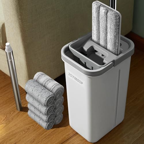 JOYMOOP Flat Mop and Bucket Set, White Microfiber Flat Mop System, Hands-Free Floor Cleaning Kit, 8 Washable Microfiber Pads, Wet and Dry Use, Commercial & Household Floor Cleaning Kit - color: White Lite1381