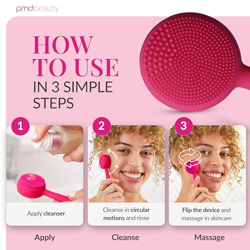 PMD Clean Mini - Smart Facial Cleansing Device with Silicone Brush & Anti-Aging Massager - Waterproof - SonicGlow Vibration Technology - Clear Pores and Blackheads - Lift, Firm, and Tone Skin - color: Pink