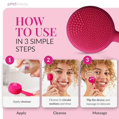 PMD Clean Mini - Smart Facial Cleansing Device with Silicone Brush & Anti-Aging Massager - Waterproof - SonicGlow Vibration Technology - Clear Pores and Blackheads - Lift, Firm, and Tone Skin - color: Pink