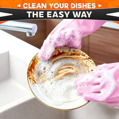 ALPENKOK Silicone Dishwashing Gloves with Scrubber – Non-Slip Silicone Gloves for Washing Dishes | Household Use - color: Pink