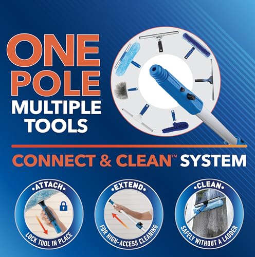 Unger Professional Connect and Clean 18” Grip Swivel Window, Glass Squeegee, and 8’ Pole, 180-Degree Pivoting Handle with Lock, Cleaning Supplies for Streak-Free Results