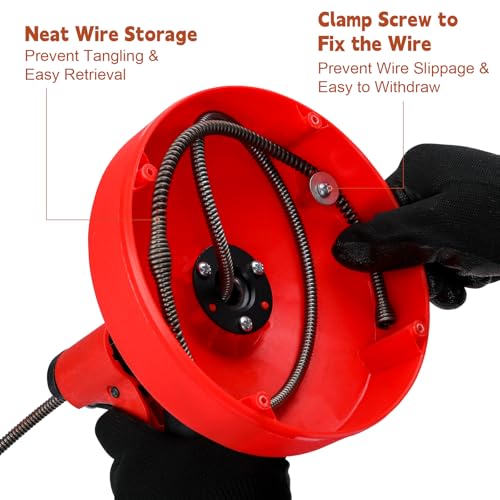 35 FT Double Mode Drain Snake Tools, 11-in-1 Drain Auger for Sink and Drain Unblocking, Plumbing Snake for Kitchen, Bathrom and Shower Sink, Snake for Real DYIs (Red) - color: 35ft-red&black