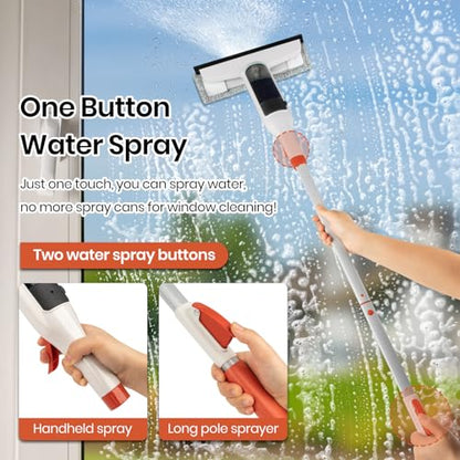 Spray Mop Window Cleaning Kit with Silicone Squeegee – Adjustable Aluminum Pole & Non-Slip Handle for Floors/Walls/Door/Windows/Cars/Bathroom, Detachable Tank & Washable Pads