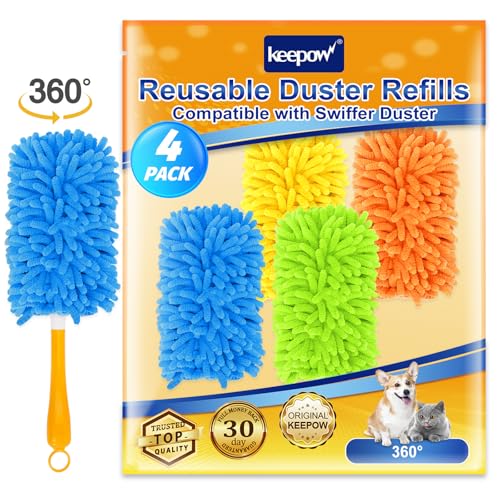 KEEPOW Reusable Duster Refill Compatible with Swiffer Duster Refills, Microfiber Dusters for Cleaning, 4 Color Blue Yellow Orange Green 360° Heavy Duty Duster Refills, 4 Pack(Handle is Not Included)