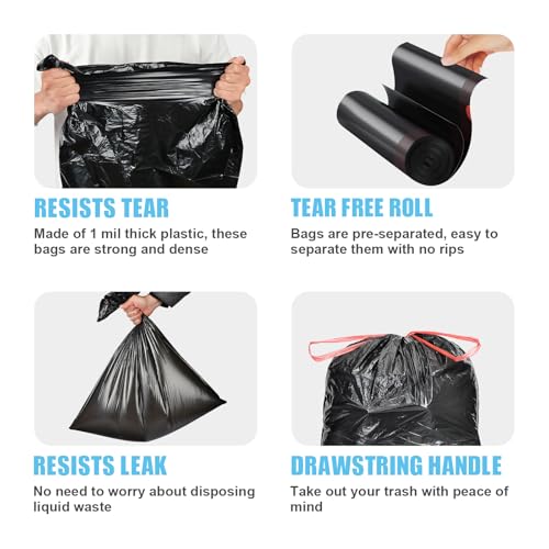 Pre-Separated Drawstring Trash Bags for 15 Gallon Trash Cans, 100 Count, Ultra Strong Black Tall Kitchen Garbage Bags, Tear-Free Large Trash Liners for Lawn & Yard
