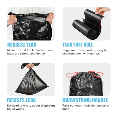 Pre-Separated Drawstring Trash Bags for 15 Gallon Trash Cans, 100 Count, Ultra Strong Black Tall Kitchen Garbage Bags, Tear-Free Large Trash Liners for Lawn & Yard