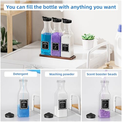 Laundry Detergent Dispenser,54OZ Laundry Soap Dispenser,Liquid Laundry Detergent Container,Fabric Softener Dispenser with Brown Wood Tray,Laundry Room Organizer with 4 Labels - color: Black With Brown Tray