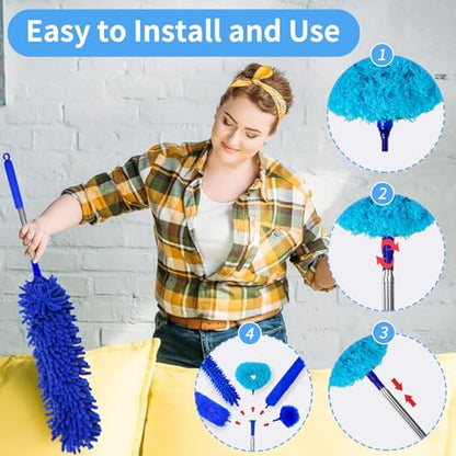 6-in-1 Duster for Cleaning Kit, Extendable Duster with Stainless Steel Pole - Microfiber, Ceiling Fan Cleaner Dusters and Chenille Dusters, Bendable Cobweb Removers for High Ceilings, Fans, Blinds - color: Blue