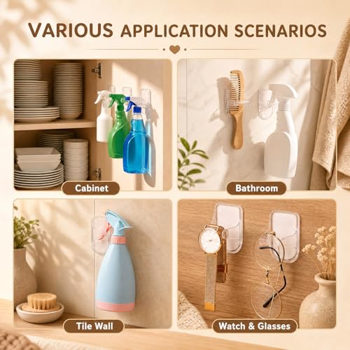 Taiyin 4 Pcs Wall Mount Spray Bottle Hooks Holder Spray Bottle Hanger Adhesive Hook to Create Storage Space Rack Organizer Hanger for Cabinet Kitchen Variety Surfaces (Clear) - color: Clear
