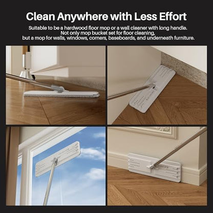 JOYMOOP Wall Mop and Bucket Set, Hands-Free Flat Floor Mop with 3 Washable Microfiber Pads, Wet and Dry Use, Ideal for Home and Commercial Floor Cleaning - color: White Lite133
