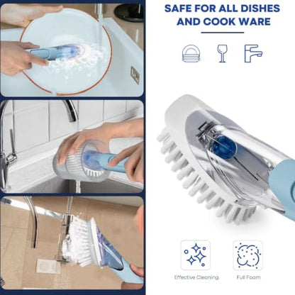 Soap Dispensing Replacement Dish Brush with 2 PCS Brush Refills & Holder | RIMAY Dispenser Scrub Cleaning Scrubber Kitchen Dishwashing Dish Wand Handle for Dishes/Pans/Pots/Sink(Blue) - color: Blue