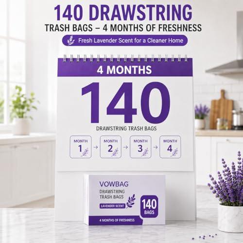13 Gallon Tall Kitchen Trash Bags, 140 Count Lavender Scented | Drawstring Closure Odor Control Leak Resistant Tear Resistant Easy Tie Handles